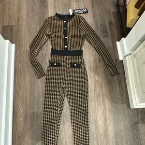 Houndstooth Jumpsuit in Black & Camel